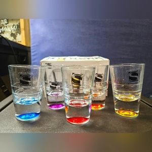 NIB Set of 5 shot glasses was a set of 6 but one broke. Different colored bottom